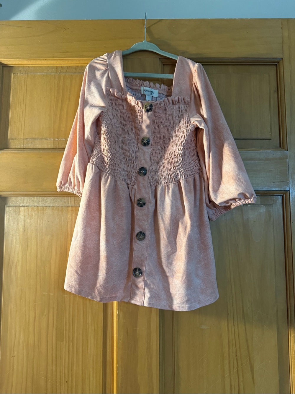 Smocked Button-Front Peach Tunic Top